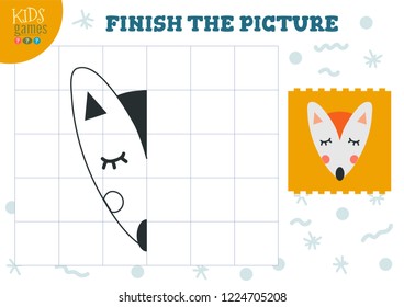 Copy picture vector illustration. Complete and coloring game for preschool and school kids. Cute fox outline for drawing and education activity 