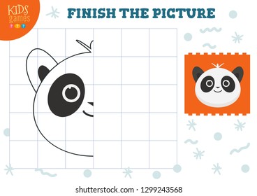 Copiar ilustración vectorial de imagen. Juego completo y colorido para niños en edad preescolar. Panda de caricatura para la actividad de dibujo educativo 