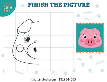 Copy picture vector illustration. Complete and coloring game for preschool and school kids. Cute little pig outline for drawing and learning activity 