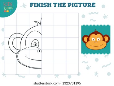 Copy picture vector illustration. Complete and coloring game for preschool and school kids. Cute little monkey outline for drawing and learning activity 