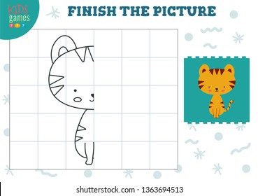 Copy picture vector illustration. Complete and coloring game for preschool and school kids. Cute little tiger outline for drawing and education activity 