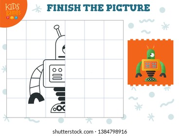 Copy picture vector illustration. Complete and coloring game for preschool and school kids. Cute little robot for drawing and learning activity 