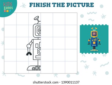 Copy picture vector illustration. Complete and coloring game for preschool and school kids. Cute one eye robot for drawing and early development activity 