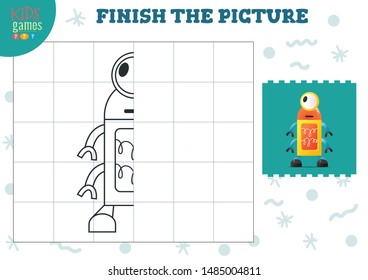 Copy picture vector illustration. Complete and coloring game for preschool and school kids. Cute little robot for drawing and learning activity 