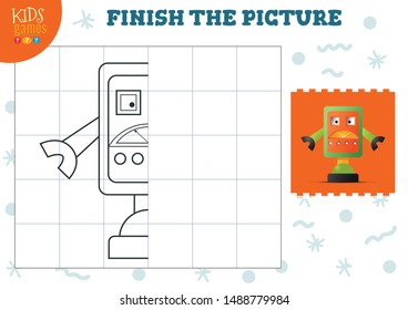Copy picture vector illustration. Complete and coloring game for preschool and school kids. Cute humanoid robot outline for drawing and education activity 