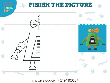 Copy picture vector illustration. Complete and coloring game for preschool and school kids. Cute funny robot for drawing and education activity 