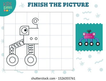 Copy picture vector illustration. Complete and coloring game for preschool and school kids. Cute alien or robot outline for drawing and education activity 