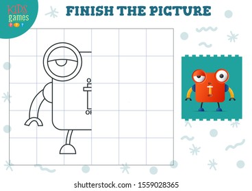 Copy picture vector illustration. Complete and color game for preschool and school kids. Cute humanoid robot outline for drawing and education activity 