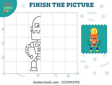 Copy picture vector illustration. Complete and coloring game for preschool and school kids. Cute alien or robot half outline for drawing and education activity 