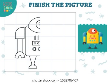 Copy picture vector illustration. Complete and color game for preschool and school kids. Cute little robot for drawing and educational activity 