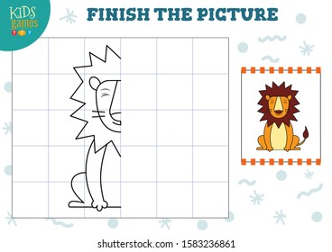 Copy picture vector illustration. Complete and color game for preschool and school kids. Cute lion outline for drawing and education activity 