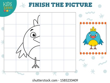 Copy picture vector illustration. Complete and color game for preschool and school kids. Cute bird half outline for drawing and education activity 