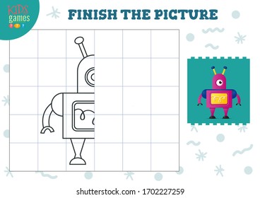 Copiar ilustración vectorial de imagen. Juego completo y a color para niños en edad preescolar y escolar. Esquema de robot humanoide corto para la actividad de dibujo y educación