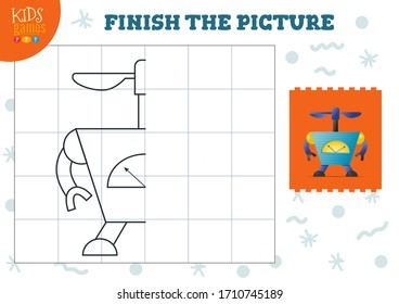 Copiar ilustración vectorial de imagen. Juego completo y a color para niños en edad preescolar y escolar. Esquema de robot humanoide corto para la actividad de dibujo y educación