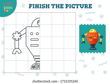 Copy picture vector illustration. Complete and coloring game for preschool and school kids. Cute alien or robot half outline for drawing and education activity