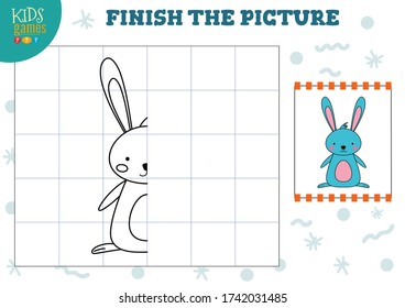 Copy picture vector illustration. Complete and color game for preschool and school kids. Cute rabbit outline for drawing and education activity