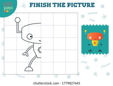 Copy picture vector illustration. Complete and color game for preschool and school kids. Cute cartoon robot for drawing and educational activity