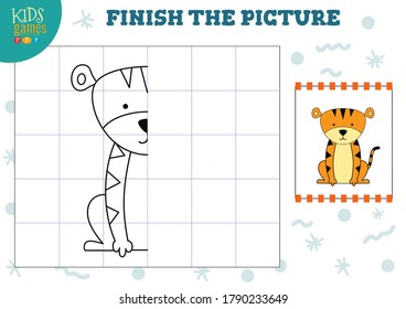 Copy picture vector illustration. Complete and color game for preschool and school kids. Cute cartoon tiger for drawing and educational activity