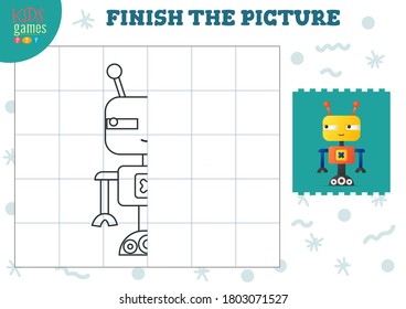 Copiar ilustración vectorial de imagen. Juego completo y a color para niños en edad preescolar y escolar. Esbozo corto de robots humanoides para la actividad de dibujo y educación