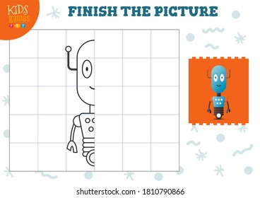 Copiar ilustración vectorial de imagen. Juego completo y colorido para niños en edad preescolar y escolar. Esbozo medio robot corto para la actividad de dibujo y educación