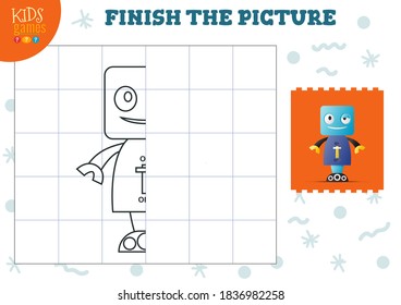 Copy picture vector illustration. Complete and coloring game for preschool and school kids. Cute alien or robot half outline for drawing and education activity
