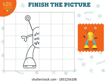 Copy Picture Vector Illustration. Complete And Coloring Game For Preschool And School Kids. Cute Little Robot For Drawing And Learning Activity