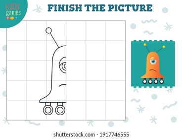 Copy picture vector illustration. Complete and coloring game for preschool and school kids. Cute humanoid robot outline for drawing and education activity