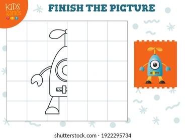 Copy picture vector illustration. Complete and coloring game for preschool and school kids. Cute humanoid robot outline for drawing and education activity