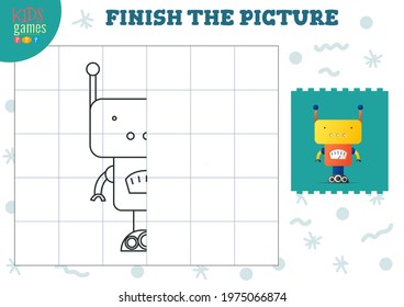 Copy picture vector illustration. Complete and coloring game for preschool and school kids. Cute humanoid robot outline for drawing and education activity
