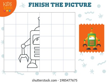 Copy picture vector illustration. Complete and coloring game for preschool and school kids. Cute little robot for drawing and learning activity