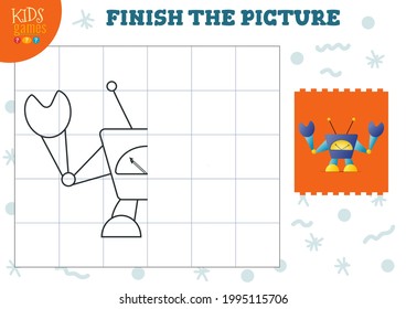 Copy Picture Vector Illustration. Complete And Coloring Game For Preschool And School Kids. Cute Alien Or Robot Outline For Drawing And Education Activity