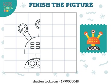 Copy picture vector illustration. Complete and coloring game for preschool and school kids. Cute alien or robot outline for drawing and education activity