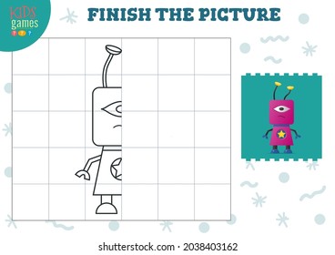 Copy picture vector illustration. Complete and coloring game for preschool and school kids. Cute humanoid robot outline for drawing and education activity