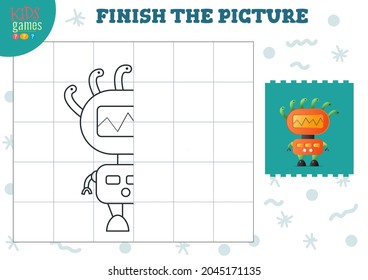 Copy picture vector illustration. Complete and coloring game for preschool and school kids. Cute humanoid robot outline for drawing and education activity