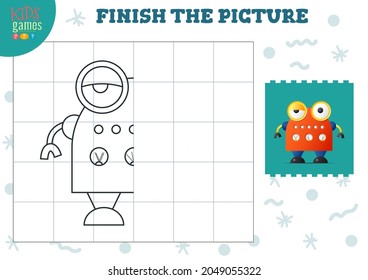 Copiar ilustración vectorial de imagen. Juego completo y colorido para niños en edad preescolar y escolar. Robot gracioso para la actividad de dibujo y educación