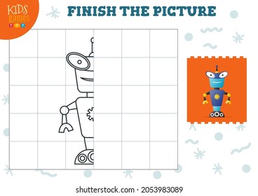 Copy picture vector illustration. Complete and coloring game for preschool and school kids. Cute funny robot for drawing and education activity