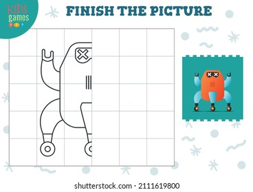 Copy picture vector illustration. Complete and coloring game for preschool and school kids. Cute humanoid robot outline for drawing and education activity