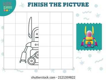 Copy picture vector illustration. Complete and coloring game for preschool and school kids. Cute funny robot for drawing and education activity