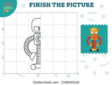 Copiar ilustración vectorial de imagen. Juego completo y colorido para niños en edad preescolar y escolar. Pequeño robot lindo para la actividad de dibujo y aprendizaje