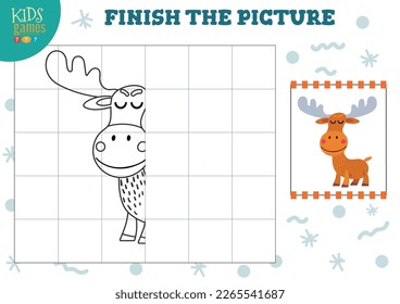 Copy picture vector illustration. Complete and coloring game for preschool and school kids. Cute little elk for drawing and learning activity