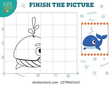 Copy picture vector illustration. Complete and coloring game for preschool and school kids. Cute little whale for drawing and learning activity