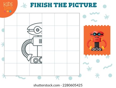Copy picture vector illustration. Complete and coloring game for preschool and school kids. Cute alien or robot outline for drawing and education activity