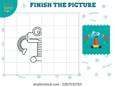Copiar ilustración vectorial de imagen. Juego completo y colorido para niños en edad preescolar y escolar. Robot gracioso para la actividad de dibujo y educación