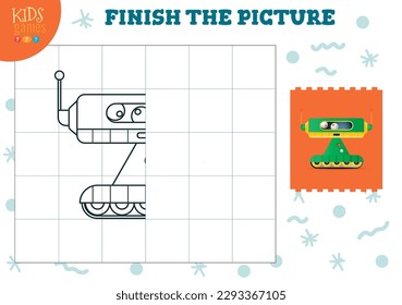 Copiar ilustración vectorial de imagen. Juego completo y colorido para niños en edad preescolar y escolar. Esbozo corto de robots humanoides para la actividad de dibujo y educación