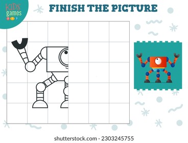 Copy picture vector illustration. Complete and coloring game for preschool and school kids. Cute alien or robot outline for drawing and education activity