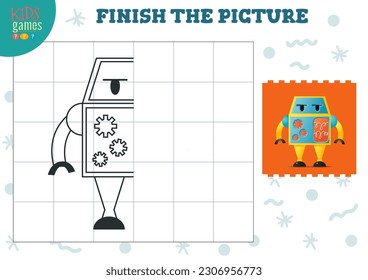 Copy picture vector illustration. Complete and coloring game for preschool and school kids. Cute alien or robot outline for drawing and education activity