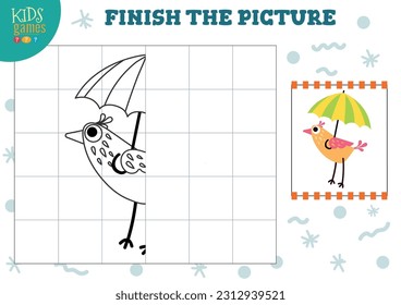 Copiar ilustración vectorial de imagen. Juego completo y colorido para niños en edad preescolar y escolar. Esbozo de pájaro corto para la actividad de dibujo y educación