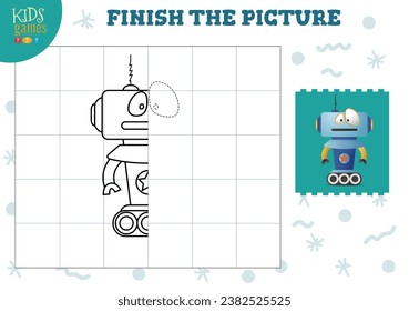 Copy picture vector illustration. Complete and coloring game for preschool and school kids. Cute humanoid robot outline for drawing and education activity