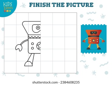 Copy picture vector illustration. Complete and coloring game for preschool and school kids. Cute alien or robot outline for drawing and education activity