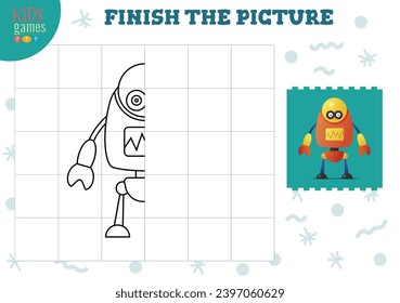 Copy picture vector illustration. Complete and coloring game for preschool and school kids. Cute funny robot for drawing and education activity